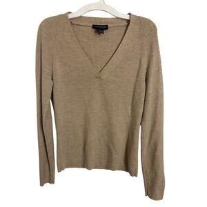 Y2K Ann Taylor 100% Italian Merino Wool Tan Ribbed V-Neck Sweater Small